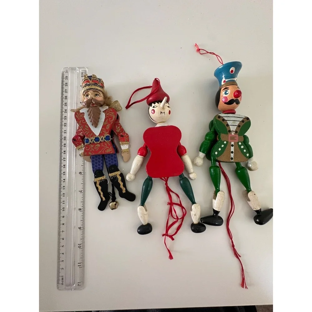 Pull String Wood King Pinocchio Nutcracker Christmas‎ Ornament 3 Pc Painted